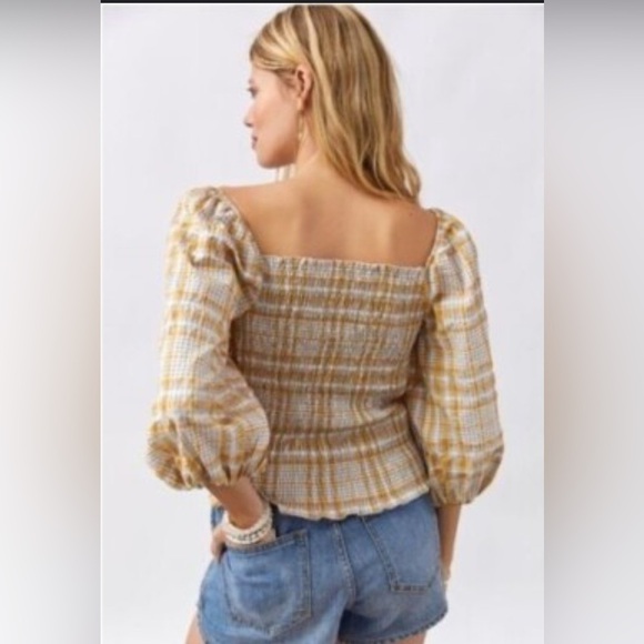 MAEVE ANTHROPOLOGIE PLAID SQUARE-NECK PUFF SLEEVE SMOCKED BLOUSE TOP SIZE: M - Picture 2 of 11